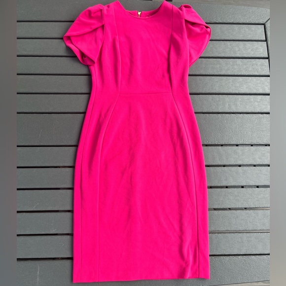 Calvin Klein; Fuchsia Midi Dress; Puff Sleeves; Gold Tone Zipper; NWOT; Size 4 - Picture 4 of 8